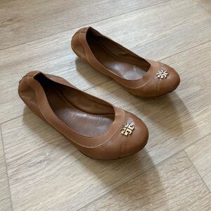 Tory Burch Brown Leather Scrunch Ballet Flats